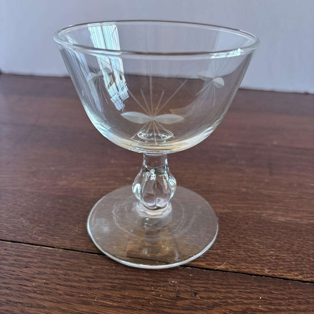 Vintage MCM Etched Starburst Cocktail Coupe Glass Clear Atomic Flower 4 inch
